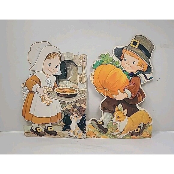 Vintage 1982 Hallmark THANKSGIVING PILGRIMS Girl Boy DieCut Wall Decoration 12" - Picture 1 of 8